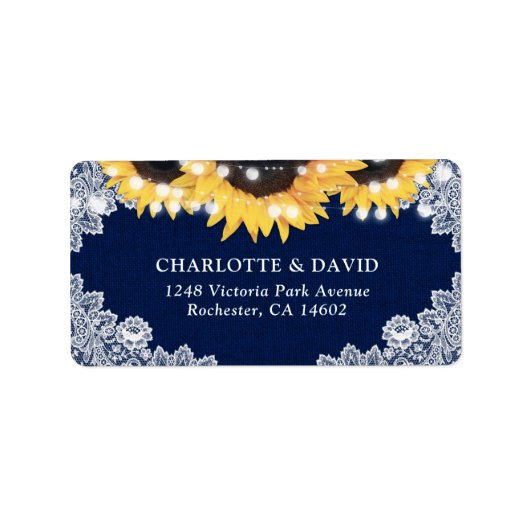 Navy Blue Sunflower Burlap Lace Address Labels Adressaufkleber (Vorne)