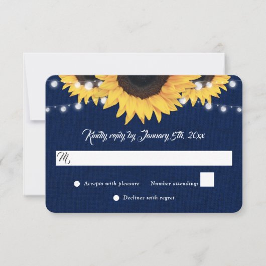 Navy Blue Sunflower Burlap String Lights Wedding RSVP Karte (Vorderseite)