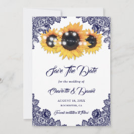 Navy Blue Sunflower Floral Lace Rustic Wedding Save The Date