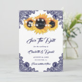 Navy Blue Sunflower Floral Lace Rustic Wedding Save The Date (Stehend Vorderseite)