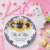 Navy Blue Sunflower Floral Lace Wedding Pappteller (Party)