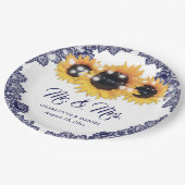 Navy Blue Sunflower Floral Lace Wedding Pappteller (Schrägansicht)