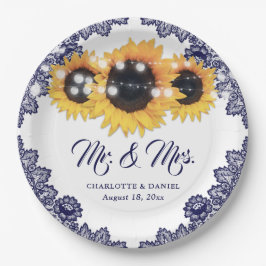 Navy Blue Sunflower Floral Lace Wedding Pappteller