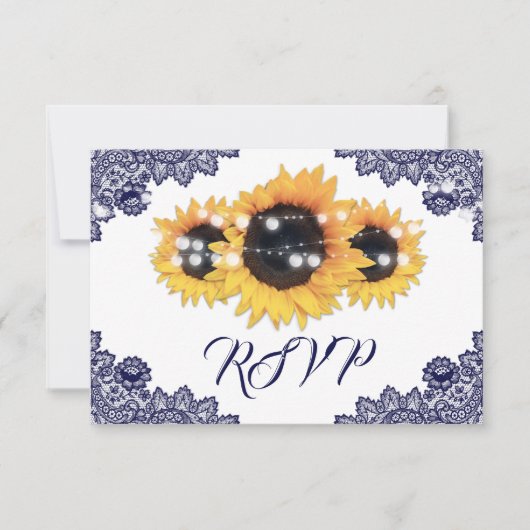 Navy Blue Sunflower Floral Lace Wedding RSVP Karte (Vorderseite)