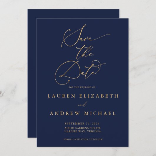 Navy Blue & Sunflower Gold Save the Date Einladung (Vorne/Hinten)