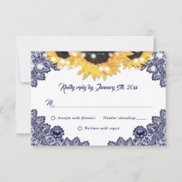 Navy Blue Sunflower Lace Burlap Hearts Wedding RSVP Karte