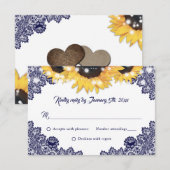 Navy Blue Sunflower Lace Burlap Hearts Wedding RSVP Karte (Vorne/Hinten)