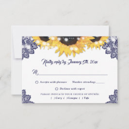 Navy Blue Sunflower Lace Wedding Meal Choice RSVP Karte