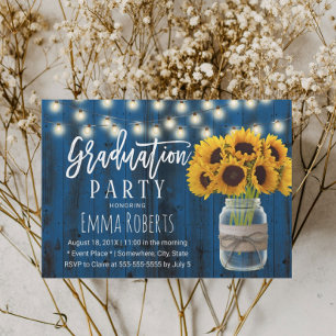 Navy Blue Sunflower Mason Jar Rustikaler Abschluss Einladung