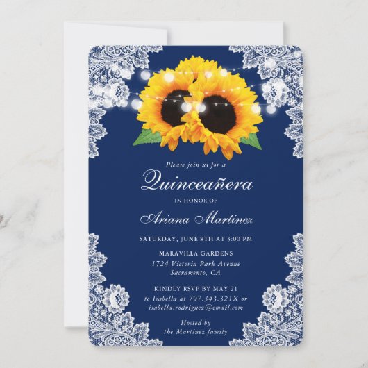 Navy Blue Sunflower Quinceañera Einladung (Vorderseite)