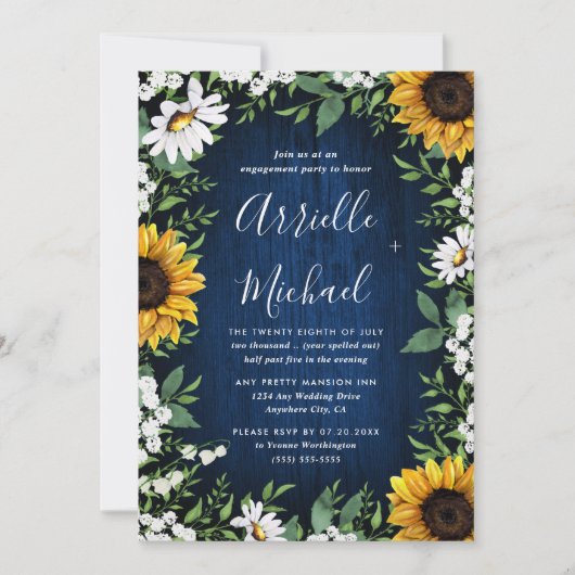 Navy Blue Sunflower Rustic Boho Engagement Party Einladung (Vorderseite)