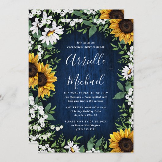 Navy Blue Sunflower Rustic Boho Engagement Party Einladung (Vorne/Hinten)
