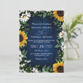 Navy Blue Sunflower Rustic Budget QR Code Wedding Einladung (Stehend Vorderseite)