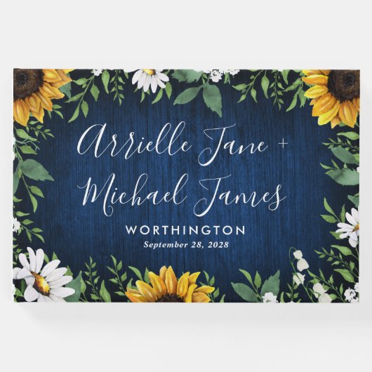 Navy Blue Sunflower Rustic Wedding Guest Book Gästebuch (Vorderseite)