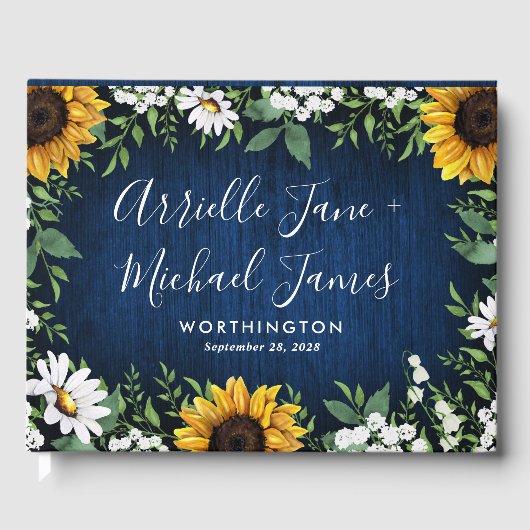 Navy Blue Sunflower Rustic Wedding Guest Book Gästebuch (Vorderseite)