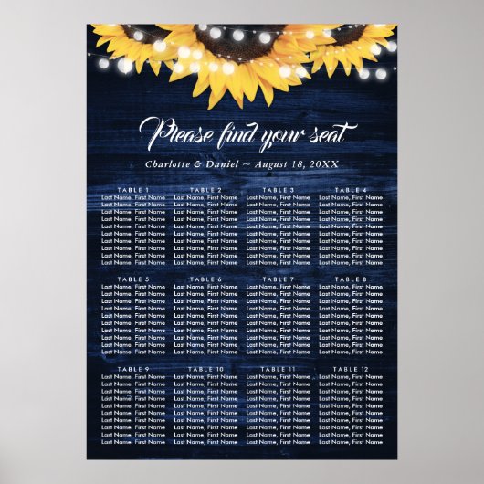 Navy Blue Sunflower Rustic Wood Seating Chart 12 Poster (Vorne)