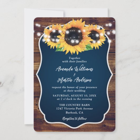 Navy Blue Sunflower Rustic Wood Wedding Einladung (Vorderseite)