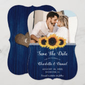 Navy Blue Sunflower Save the Date Foto Cards (Vorne/Hinten)