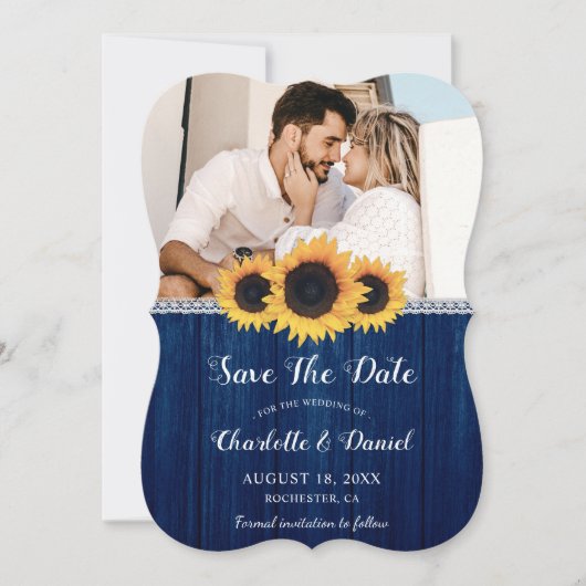 Navy Blue Sunflower Save the Date Foto Cards (Vorderseite)