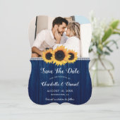 Navy Blue Sunflower Save the Date Foto Cards (Stehend Vorderseite)