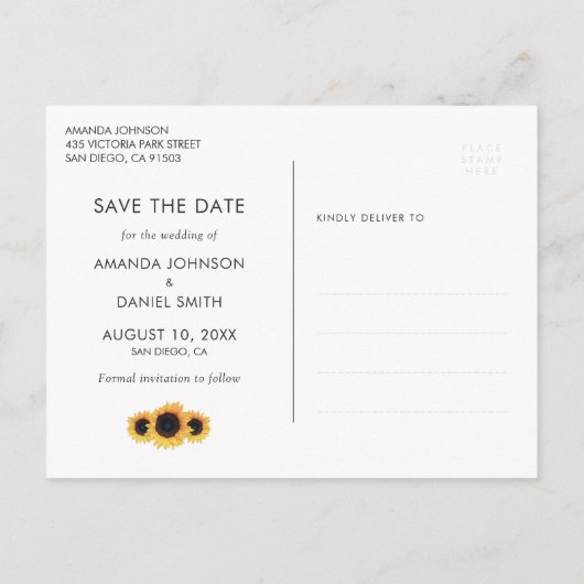 Navy Blue Sunflower Save the Date Foto Postcard Ankündigungspostkarte (Rückseite)