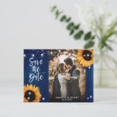 Navy Blue Sunflower Save the Date Foto Postcard Ankündigungspostkarte (Stehend Vorderseite)
