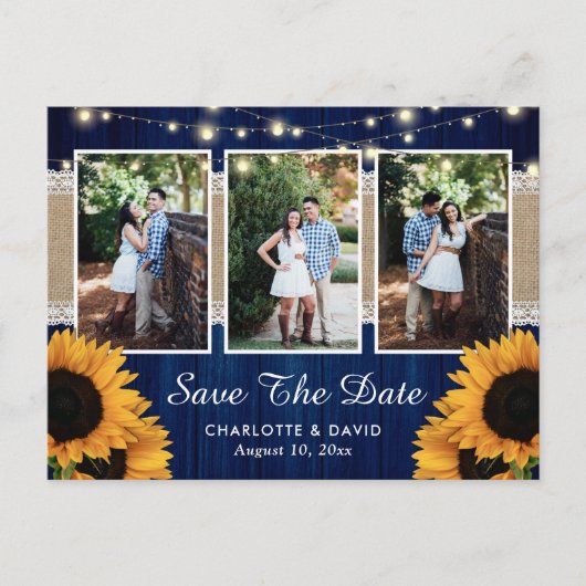 Navy Blue Sunflower Save the Date Foto Postkarten (Vorderseite)