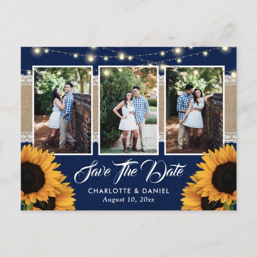 Navy Blue Sunflower Save the Date Foto Postkarten (Vorderseite)