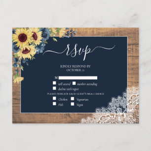 Navy Blue Sunflower Script Lace Wood Wedding RSVP Einladungspostkarte