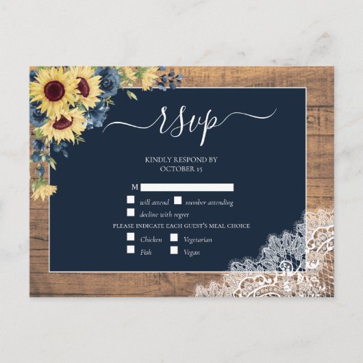 Navy Blue Sunflower Script Lace Wood Wedding RSVP Einladungspostkarte (Vorderseite)