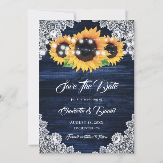 Navy Blue Sunflower String Lights Floral Lace Wood Save The Date (Vorderseite)