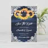 Navy Blue Sunflower String Lights Floral Lace Wood Save The Date (Stehend Vorderseite)