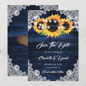 Navy Blue Sunflower String Lights Floral Lace Wood Save The Date (Vorne/Hinten)