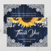 Navy Blue Sunflower Wood Elegant Script Wedding Dankeskarte (Vorne/Hinten)