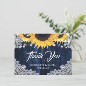 Navy Blue Sunflower Wood Elegant Script Wedding Dankeskarte (Stehend Vorderseite)
