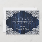 Navy Blue Sunflower Wood Elegant Script Wedding Dankeskarte (Rückseite)