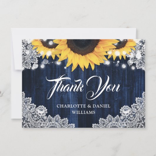 Navy Blue Sunflower Wood Elegant Script Wedding Dankeskarte (Vorderseite)