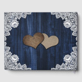 Navy Blue Sunflower Wood Floral Lace Wedding Gästebuch (Rückseite)