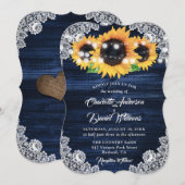 Navy Blue Sunflower Wood String Lights Wedding Einladung (Vorne/Hinten)