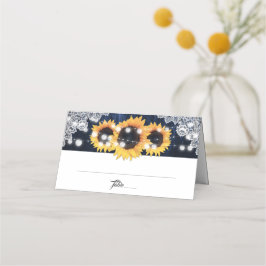Navy Blue Sunflower Wood String Lights Wedding Platzkarte