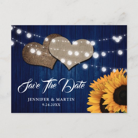 Navy Blue Sunflower Wood String Lights Wedding Postkarte (Vorderseite)