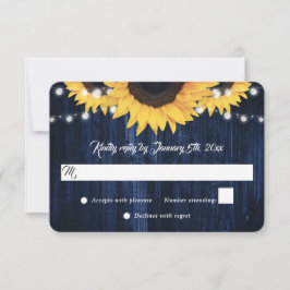 Navy Blue Sunflower Wood String Lights Wedding RSVP Karte