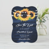 Navy Blue Sunflower Wood String Lights Wedding Save The Date (Stehend Vorderseite)