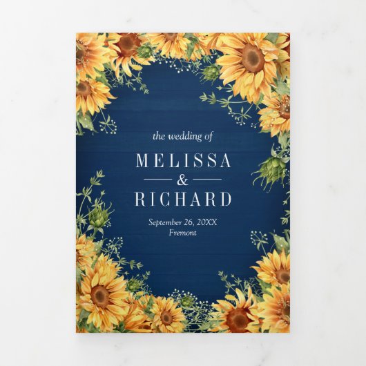 Navy Blue Sunflowers Mason Jar QR Code Hochzeit Dreifach Gefaltete Einladung (Cover)