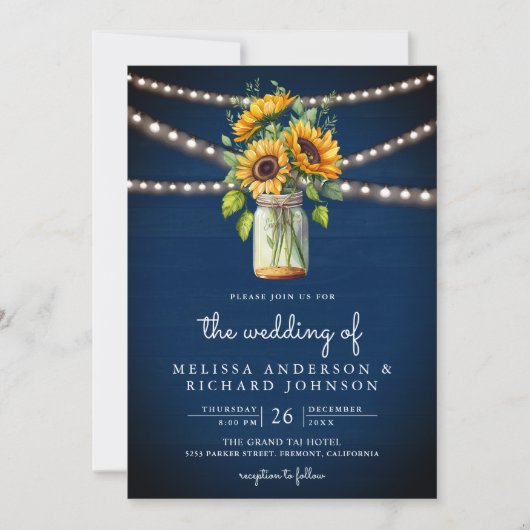 Navy Blue Sunflowers Mason Jar QR Code Hochzeit Einladung (Vorderseite)
