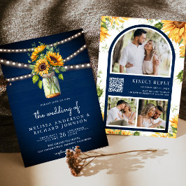 Navy Blue Sunflowers Mason Jar QR Code Hochzeit Einladung