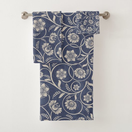 Navy Blue Swirl Blume Badhandtuch Set (Insitu)