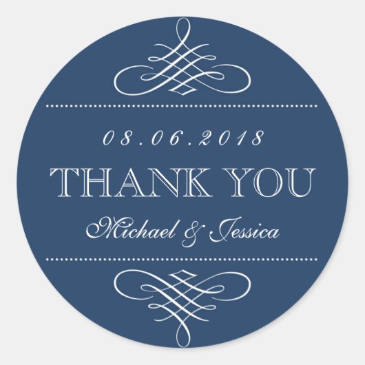 Navy Blue Swirl und Curl Ornament Wedding Stickers (Vorderseite)