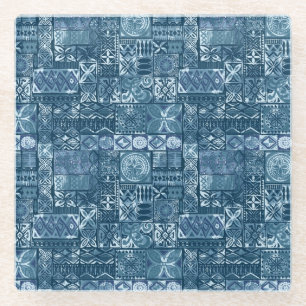 Navy Blue Tapa: Stammesstoff abstrakt Glasuntersetzer