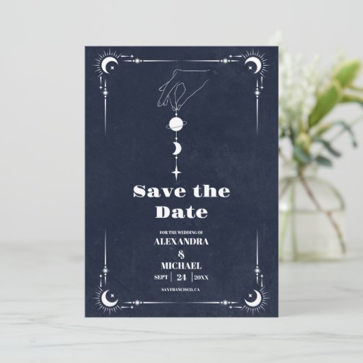 Navy Blue Tarot The Lovers Wedding Save The Date (Stehend Vorderseite)
